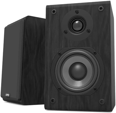 LONPOO Passive Bookshelf Speakers, 150W Wooden Cabinet Stereo Speakers Pair | 4" Carbon Fiber Woofer, 1" Silk Dome Tweeter, Amplifier Required