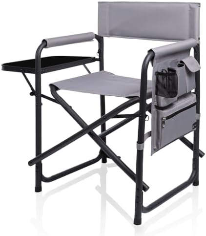 PICNIC TIME Sports Chair with Side Table and Armrest Caddy, Lightweight Aluminum Folding Outdoor Camping Chair for Adults, Portable Director Style Lawn Seating with Pockets & Carry Strap, (Navy Blue)
