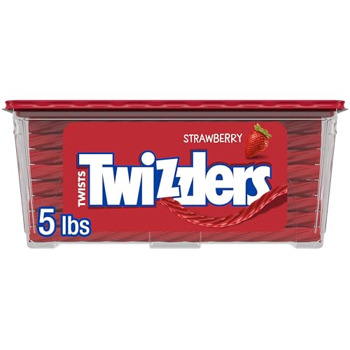 TWIZZLERS Twists Strawberry Flavored Licorice Style Candy Tub, 5 lb | Bulk Candy, Low Fat and Kosher, Resealable Tub for Parties