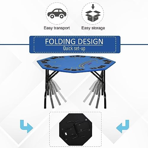 Soozier Poker Table Foldable 47" Octagon 8 Players Cup Holders Blue Felt