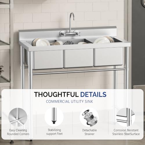 Bonnlo 3-Compartment NSF 304 Stainless Steel Utility Sink Commercial Grade Laundry Tub Culinary Sink for Outdoor Indoor, Garage, Restaurant, Kitchen