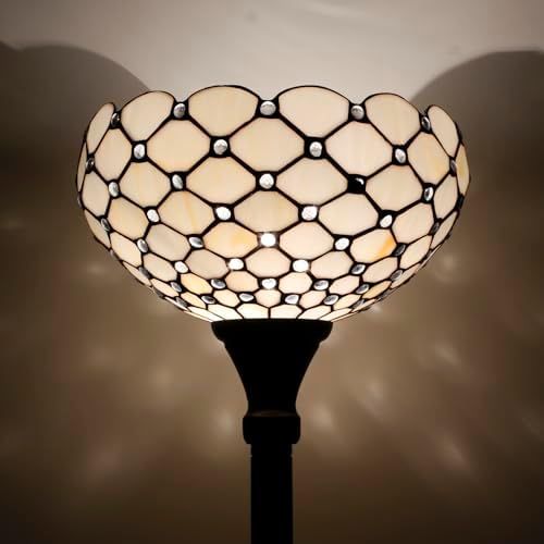 WERFACTORY Tiffany Floor Lamp Cream Amber Stained Glass Torchiere Light | 12X12X71 Inches Pole Standing Corner Torch Bead Uplight Decor Bedroom