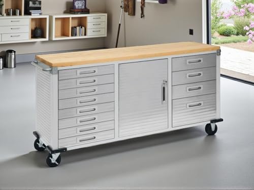 Heavy-Duty Rolling Workbench with Drawers and Cabinet, 77" W x 20" D x 37.5" H, (Red, 11 Drawer)