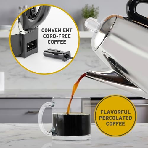 West Bend Electric Percolator Classic Style Coffee Maker with Heat Resistant Handle Base and Detachable Cord with Stainless Steel Stem and Basket