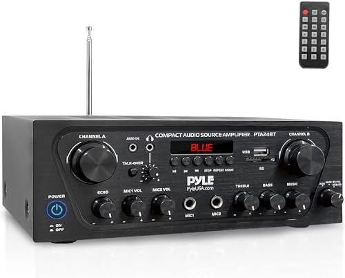 Pyle 2-Channel Bluetooth Home Stereo Amplifier - 250W Wireless Audio Receiver, Karaoke Optimized: Dual Mic In with Echo, Mic Talk-Over, FM Radio
