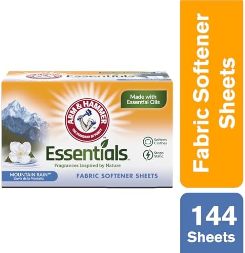 ARM & HAMMER Fabric Softener Dryer Sheets, Mountain Rain, 144 Count | Softens Clothes, Reduces Static Cling, Essential Oil Infused