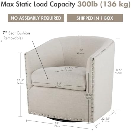 Madison Park Swivel Barrel Accent Chair, Upholstered Curved Back with 7-Inch Thick Woven Cushion, 360° Swivel, Nailhead Trim, Comfy Chair for Living Room, Bedroom, Office, 28" Wide, Neutral, Tyler