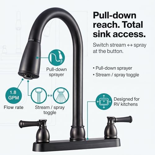 Dura Faucet DF-PK350L-SN RV Pull-Down Kitchen Sink Faucet (Satin Nickel) | Stream-to-spray sprayer with a corrosion-resistant non-metallic build. Brushed Satin Nickel. Plated ABS plastic (not metal).