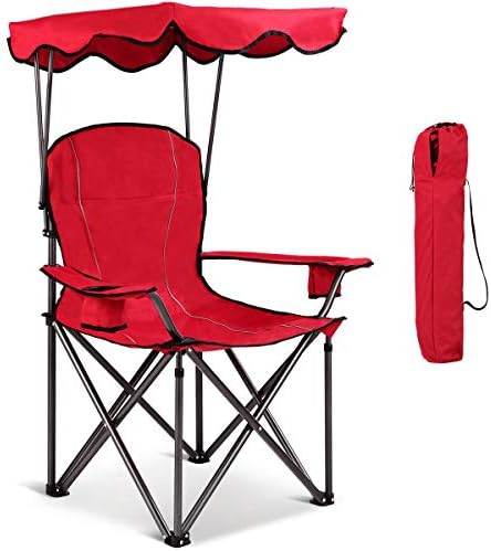 Goplus Camping Chair with Canopy Shade, Folding Lawn Chair with Umbrella Cup Holder & Carry Bag, Portable Sunshade Chair for Adults for Beach Outdoor Travel Hiking Fishing (Red)