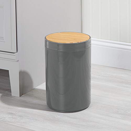mDesign Plastic Round Trash Can Small Wastebasket - Garbage Bin Container with Swing-Close Lid - Bathroom Garbage Basket - Holds Waste, Recycling - 1.3 Gallon - Basa Collection - Cream/Beige/Natural