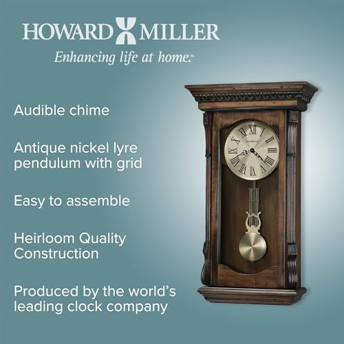 Howard Miller Agatha Wall Clock – Wooden Pendulum Clock with Triple-Chime Quartz Movement, Battery Operated, Acanthus Molding Detail