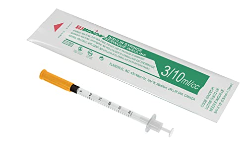 Veterinary Insulin Syringe U-100 0.3cc (ml), 29G x 1/2 inch (12.7mm), Half Unit Marking, Individually Packed, for Pet Cat or Dog, 100 per Box
