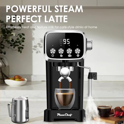 Plum chef Espresso Machine 20 Bar, Household Coffee Maker with Milk Frother Steam Wand, Pressure Gauge, 54oz Large Water Tank, Low Noise Fast Brew for Cappuccino Latte Macchiato Home Office