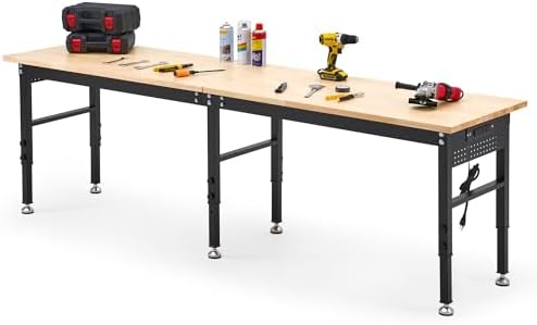 48" Adjustable Rubberwood Workbench with Foldable Extension Board & Power Outlet, Extra Large 48x32In 9-Level Height 27"-37", 2000 LBS Heavy Duty for Workshop Garage Office Home