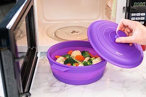 Bakerpan Collapsible Silicone Microwave Vegetable Steamer with Lid - 64 oz Silicone Steamer Pot for Cooking, Steaming & Reheating Food - BPA-Free, Dishwasher Safe