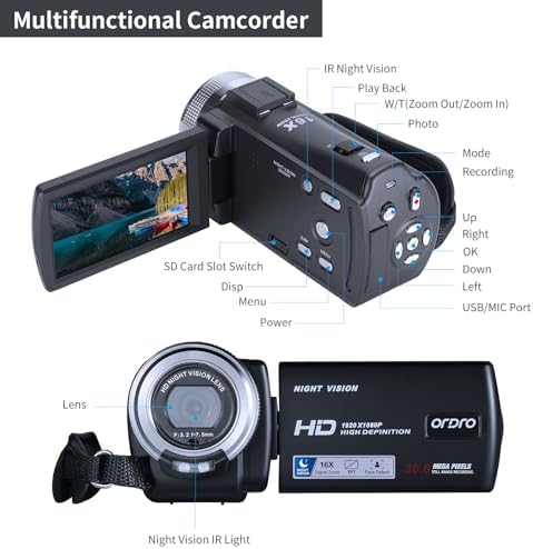 ORDRO V12 1080P Camcorder Night Vision with 16G Card 2 Batteries
