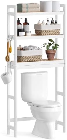 SONGMICS Over The Toilet Storage, 3-Tier Over Toilet Bathroom Organizer with Adjustable Shelf, 10.2 x 24.8 x 66.9 Inches, Space-Saving, Cloud White UBTS01WT