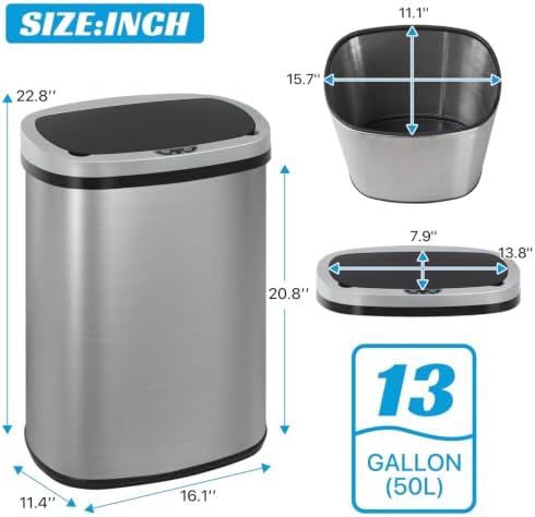 Kitchen Trash Can | Stainless Steel 13 Gallon Trash Can | 50L Touch Free Garbage Can with Lid | Electronic Sensor High Capacity Trash Bin for