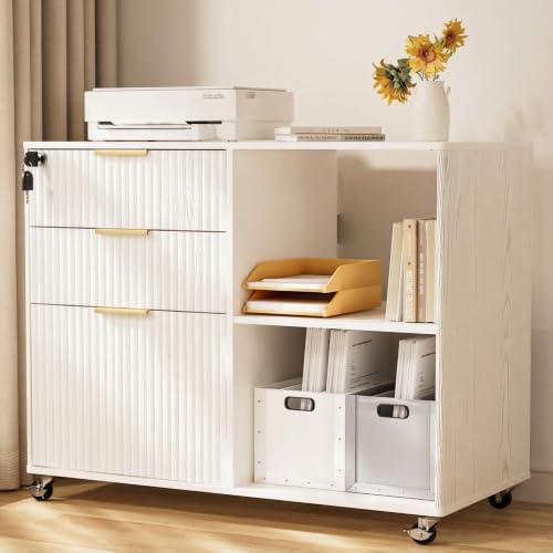 3 Drawer Fluted Mobile Filing Cabinet with Lock, Lateral Rolling Under Desk File Cabinet, Wooden Printer Stand Table for Home Office Essentials Storage Organization Furniture Letters/A4(Oak)