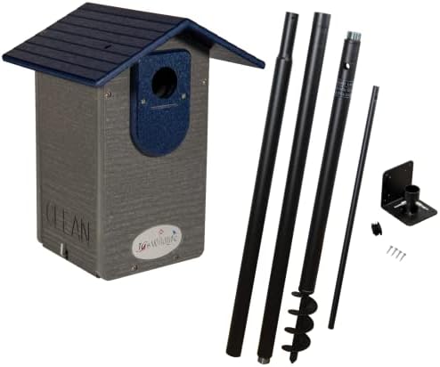 Ultimate Eastern and Western Bluebird House with Universal Mounting Pole Kit - Garden Birdhouse and Pole Combo (Blue and Gray)