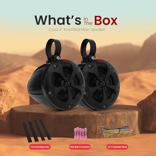 Pyle 4" Off-Road Bluetooth Waterproof Speakers -800W Peak Power Amplified Speaker System for ATV / UTV, Golf Cart, Boat, Aux Input Jack
