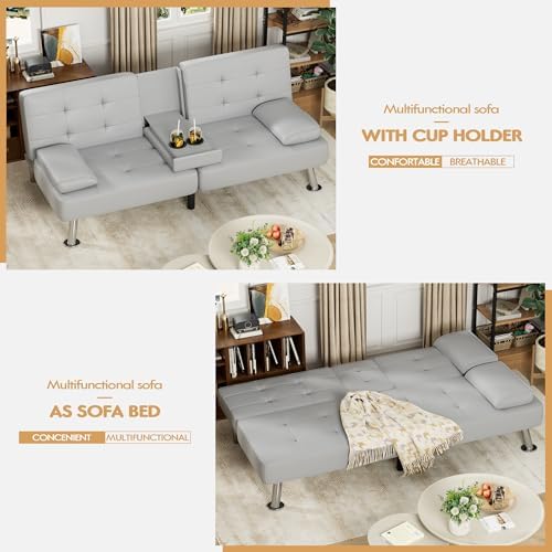 JUMMICO Faux Leather Futon Sofa Bed, Sleeper Sofa with Adjustable Backrest