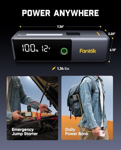 Fanttik Potent T10 1800A Portable Jump Starter for 7.0L Gas and 5.0L Diesel | 12V Safe Lithium, 12000mAh Power Bank, Retractable Charging Cable