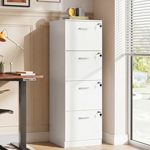 DEVAISE 3 Drawer Wood File Cabinet with Lock, Fits Letter and A4 Size | Wooden Tall Vertical Filing Cabinet, Home Office Printer Stand, Easy Assembly, White