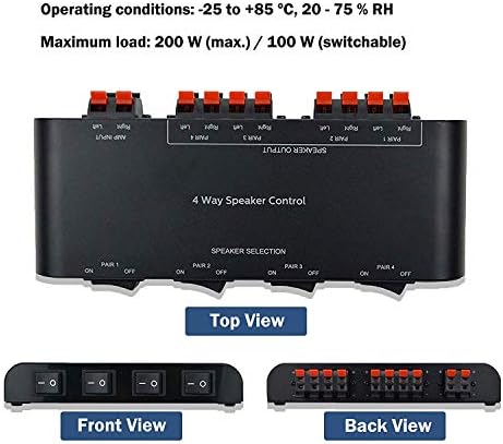 4-Channel Speaker Switcher Selector Box with Terminal Claps 200W RMS Max 100W Switchable, Black