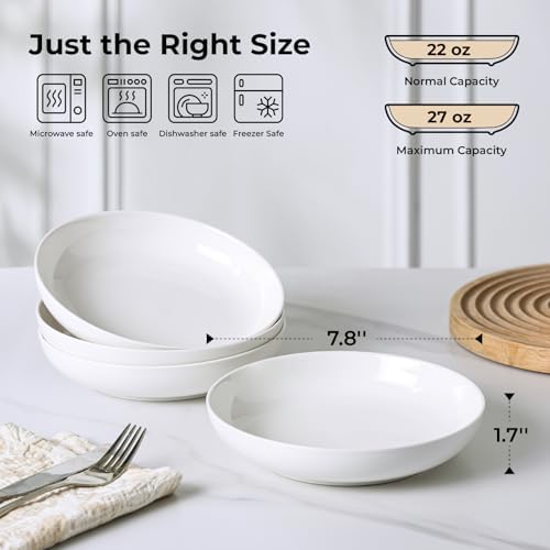 Y YHY 9.75" Large Pasta Bowls, 50 Ounces Big Salad Bowls, Ceramic Serving Bowl Set of 4, Wide and Shallow Bowls Set, Microwave and Dishwasher Safe, White