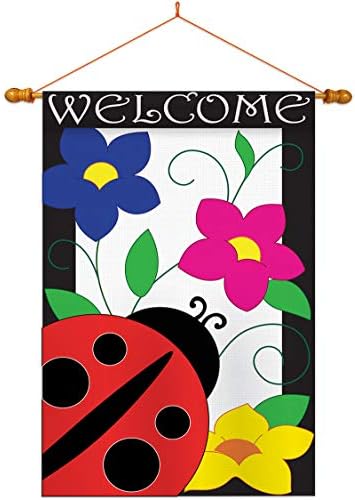 Breeze Decor Two Group HS104059-P2-03 Spring Ladybug Garden Friends Bugs & Frogs Applique Decorative Vertical 28" x 44" Double Sided House Flag Set