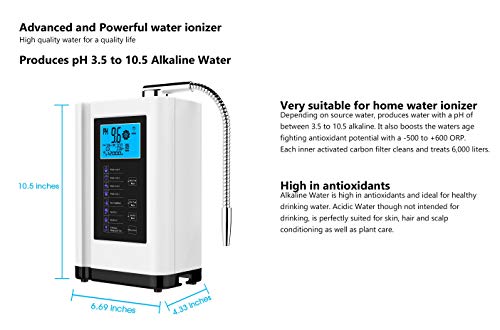 Water Ionizer, Water Purifier Machine PH 3.5-10.5 Alkaline Acid Water Machine, Up to -500mV ORP, 8000 Liters Per Filter, 7 Water Settings