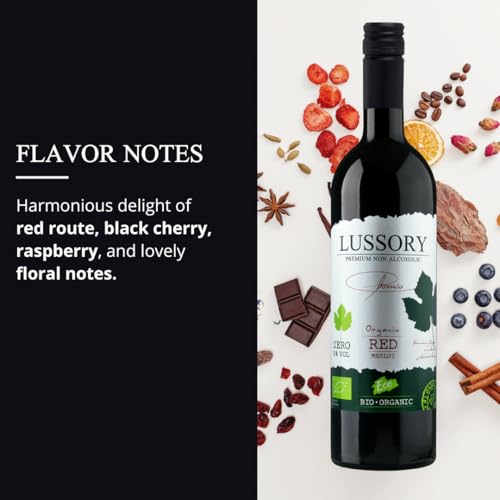 Lussory Organic Merlot Dealcoholized 0.0% Non Alcoholic Wine Red From Spain, Low Calories, Organic, Vegan (750ml, 1 Bottle)