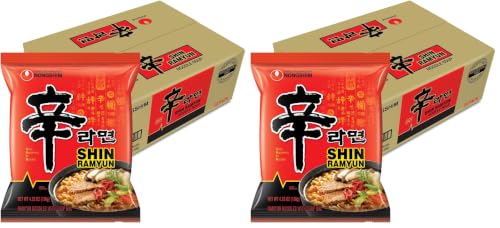 Nongshim Shin Ramyun Noodles, Spicy Korean Signature Instant Ramyun, Rich Beef Flavored Broth, Microwaveable, Korean Instant Noodles, 4.23 oz (Pack of 20), Packaging May Vary.