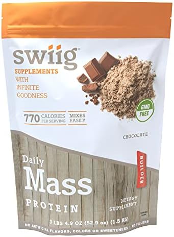 swiig Mass Builder Protein Powder, Chocolate, No GMO Ingredients, No Artificial Flavors, Colors or Sweeteners, No Fillers, 3.3 Pound Bag