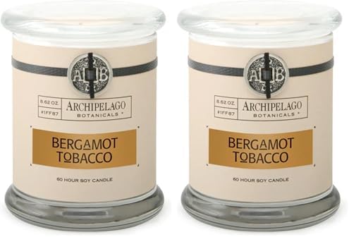 Archipelago Botanicals Bergamot Tobacco Soy Candle, 8.6 oz | Hand-Poured Premium Wax, Burns Approx. 60 Hours, Soy Candle in Glass Jar, 4.5 Inch