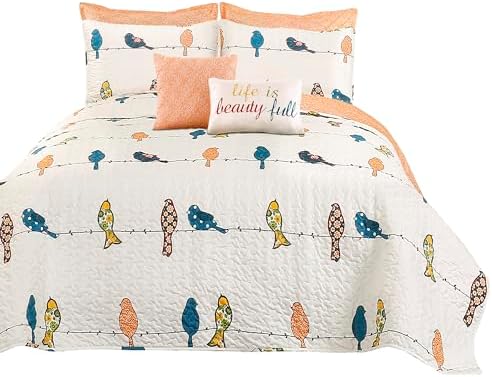 Lush Decor Rowley Birds Quilt Set, 7 Piece Set, Full/ Queen, Multi - Reversible Bird Bedding Set With Pillow Cases & Throw Pillows - Colorful