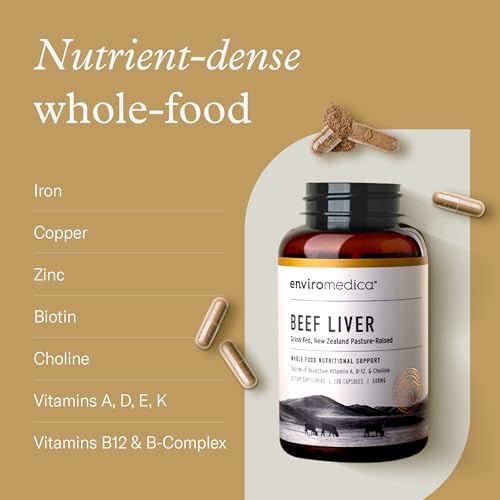 Enviromedica Grass Fed Beef Liver Capsules, Freeze-Dried, 180 Count | Pasture-raised New Zealand bovine liver