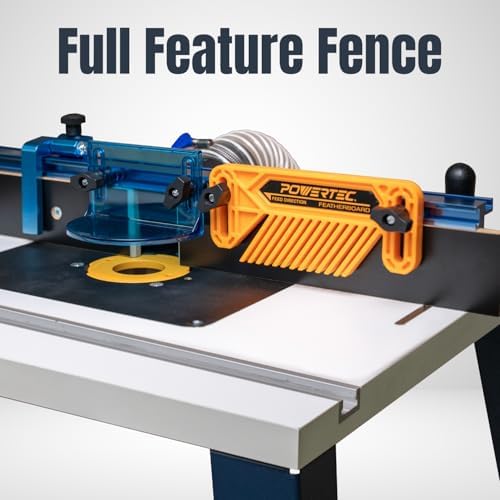 POWERTEC Benchtop Router Table with Steel Stand and Adjustable Fence – 24" x 16" MDF Laminated Top, Insert Plate, 2-1/2" Dust Port, Fence Stop