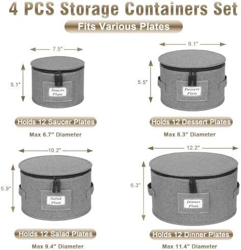 4PCS China Storage Containers, Hard Shell Dish Storage Containers w/ Felt Dividers, Quilted Plate Storage Cases for 12 Place Setting Charger Plates Dinnerware, Stackable Moving Boxes for Dishes