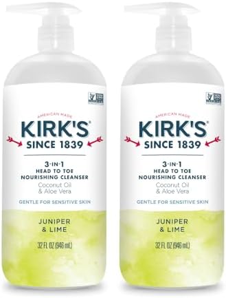 Kirk's Juniper & Lime​ 3-in-1 Nourishing Cleanser, Shampoo Body Wash Bubble Bath, Coconut Oil and Aloe Vera, Vegan Non-GMO, 32 Fl Oz