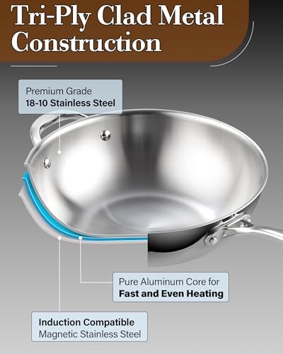 Cooks Standard Multi-Ply Clad 12 Inch Stainless Steel Wok Pan, Stir Fry Pan with Glass Lid, Induction Cookware, Dishwasher & Oven Safe, Compatible with All Cooktops