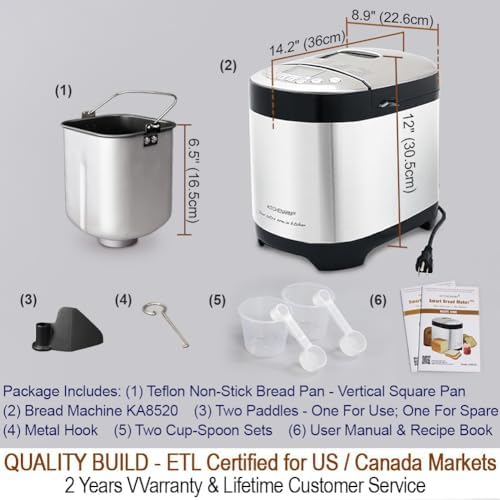 KITCHENARM 29-in-1 SMART Bread Machine with Gluten Free Setting 2LB 1.5LB 1LB Bread Maker Machine with Homemade Cycle - Stainless Steel Breadmaker