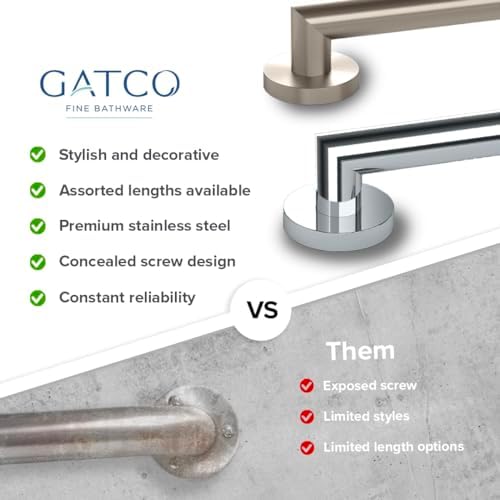 Gatco 970 Glam Shower Grab Bar, 12 Inch, ADA Compliant Stainless Steel, Satin Nickel, Wall Mounted Bathroom Handrail