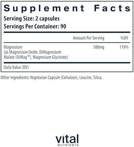 Vital Nutrients Triple Magnesium Complex Supplement | Vegan Magnesium Glycinate, Malate & Oxide 250mg | Easily Absorbed Magnesium Supplement for Stress, Muscle, Heart, Bone Support | 90 Capsules