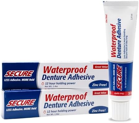 Secure Denture Adhesive Cream, Zinc Free Denture Glue, 1.4 oz | Waterproof Seal - Food Grade Ingredients - Less Adhesive, More Hold - Tube Lasts Up to 8 Weeks