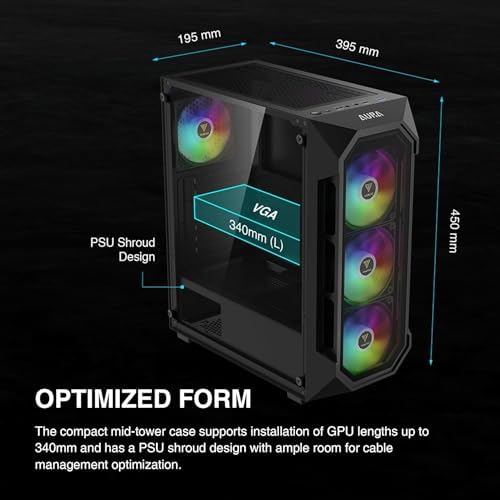 GAMDIAS ATX Mid Tower Gaming Computer PC Case Tempered Glass, Built-in 4X 120mm ARGB Case Fans, Front Airflow Mesh, Up to 6x120mm Fans, 340mm GPU/VGA, 360mm AIO/Radiator, 160mm CPU Cooler