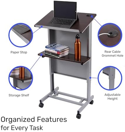 Stand Up Adjustable Height Lectern Podium | Rolling Desk with Storage Shelf | Ergonomic Standing Desk Frame for Office, Classroom, Laptop, Teaching, Presentations & More (Dark Walnut)