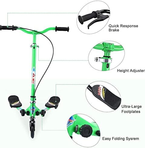 Swing Scooter for Kids, 3 Wheels Foldable Wiggle Kick Scooter Push Drifting with 4 Adjustable Handlebar & 2 Rear LED Wheel for Boys and Girls Ages 3-8