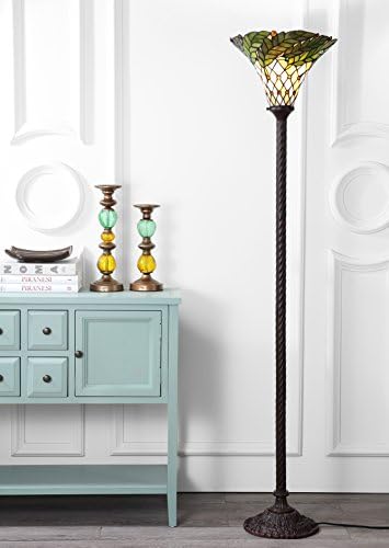 JONATHAN Y 71" Botanical Tiffany-Style Metal Torchiere Floor Lamp, Bronze | Handcrafted Stained Glass Bowl Shade, Traditional Standing Uplight